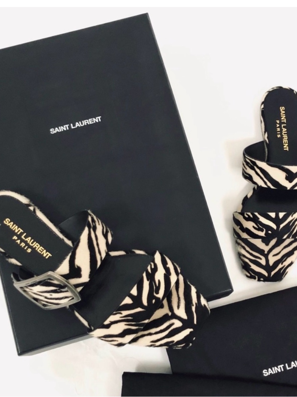 Saint Laurent Oak Zebra Calf-hair Buckle Squared Toe Sandal, 36